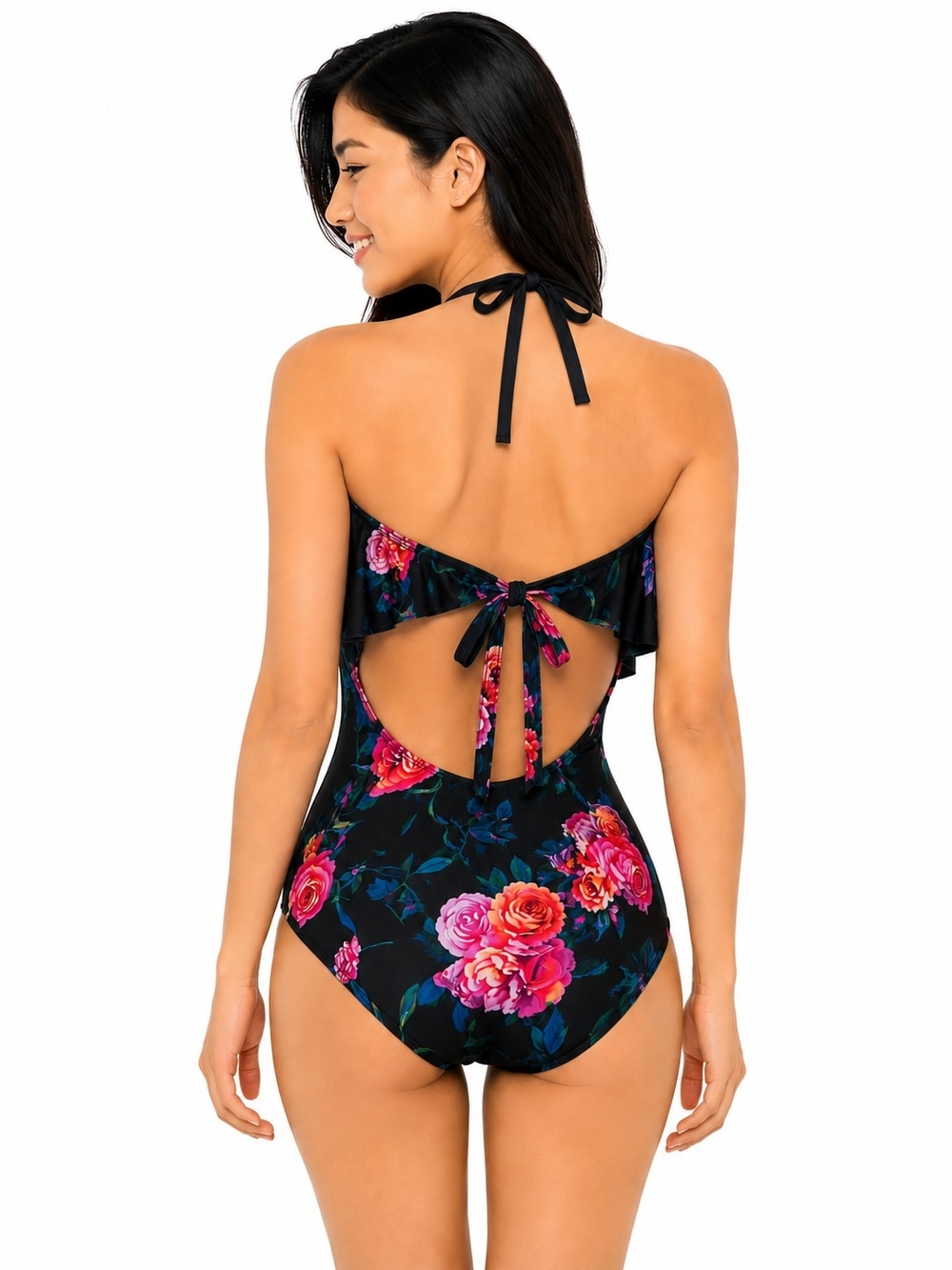 TEMPT ME Floral Ruffle Halter One Piece Swimsuit - Black with Pink Floral SIZE S